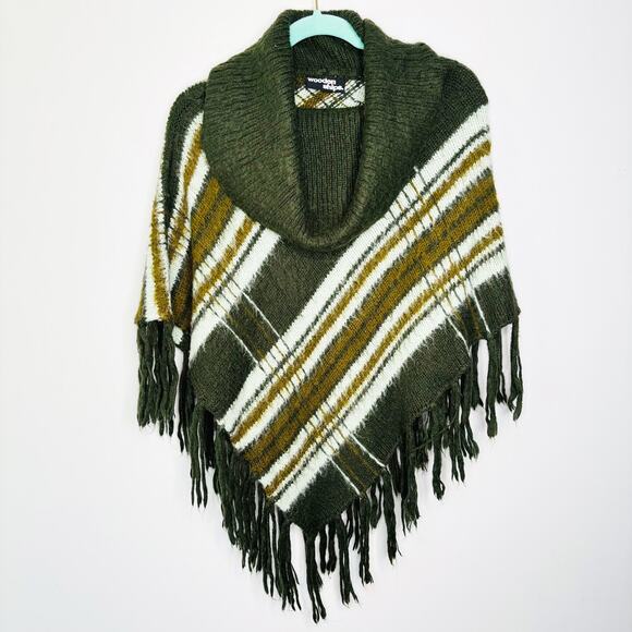 Wooden Ships Poncho Size S/M Mohair Wool‎ Blend Fringed Cowl Neck Green Stripe - Picture 10 of 10